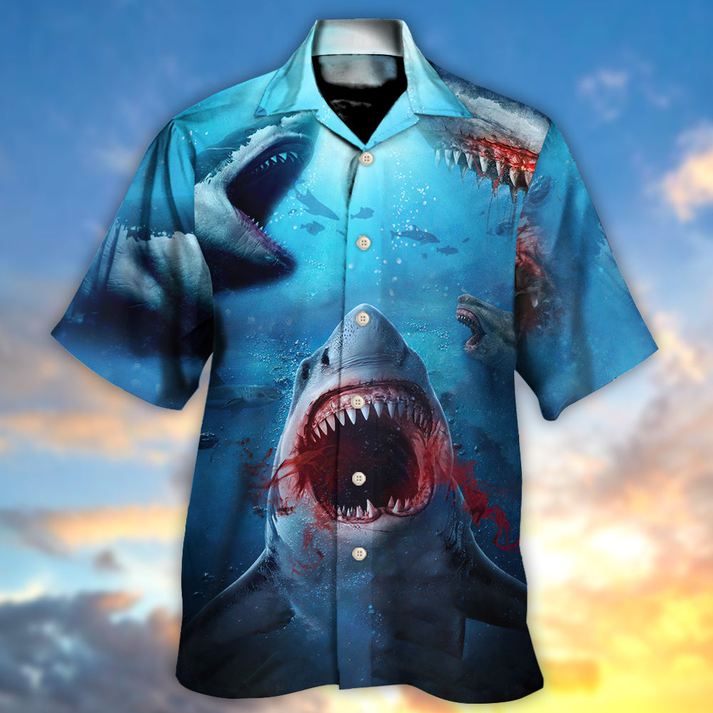 Red Shark Bites Sea Hawaiian Shirt For Summer Events And Casual Outdoor Wear