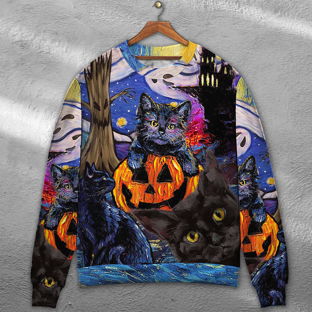 Halloween Black Cat Starry Night Sweater For Fantasy Fans Casual Outings And Weekend Adventures