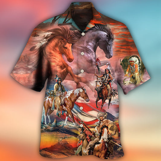 Patriotic Native Horse Flag Independence Hawaiian Shirt For Summer Celebrations, Resort Days, And Relaxed Everyday Wear