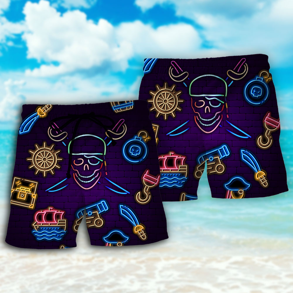 Neon Pirate Beach Shorts Pattern Detail For Cruise Vacations And Easy Warm Weather Wear