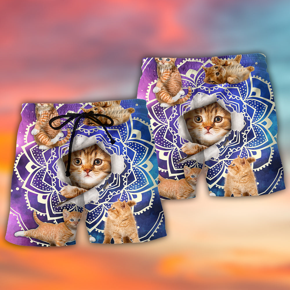 Tabby Cat Galaxy Yoga Pose Beach Shorts Pattern Detail For Relaxed Warm Weather Outfits