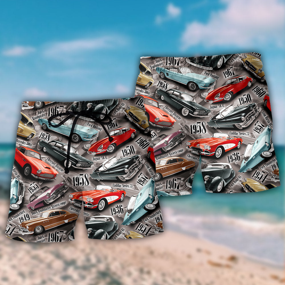 Vintage Classic Car Lover Beach Shorts Pattern View For Resort Days And Outdoor Activities