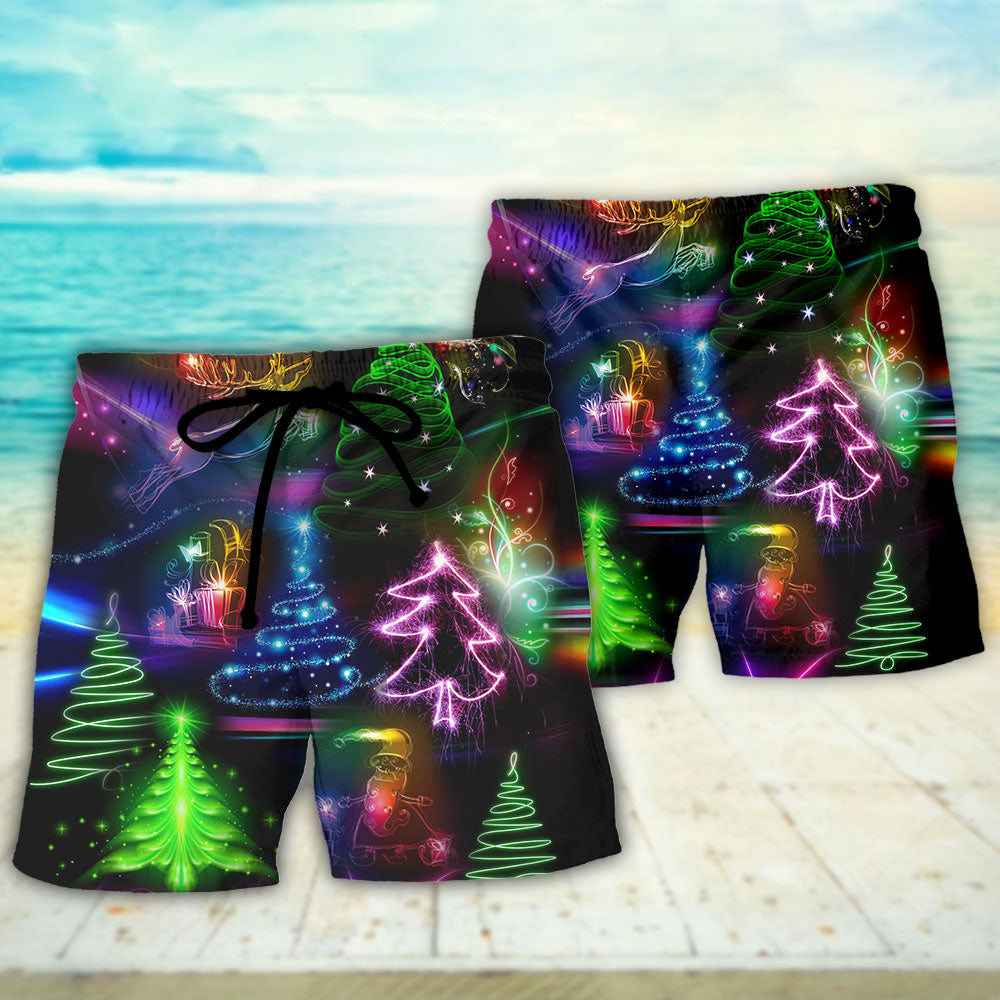 Neon Christmas Tree And Snowman Beach Shorts Pattern View For Resort Days And Outdoor Activities