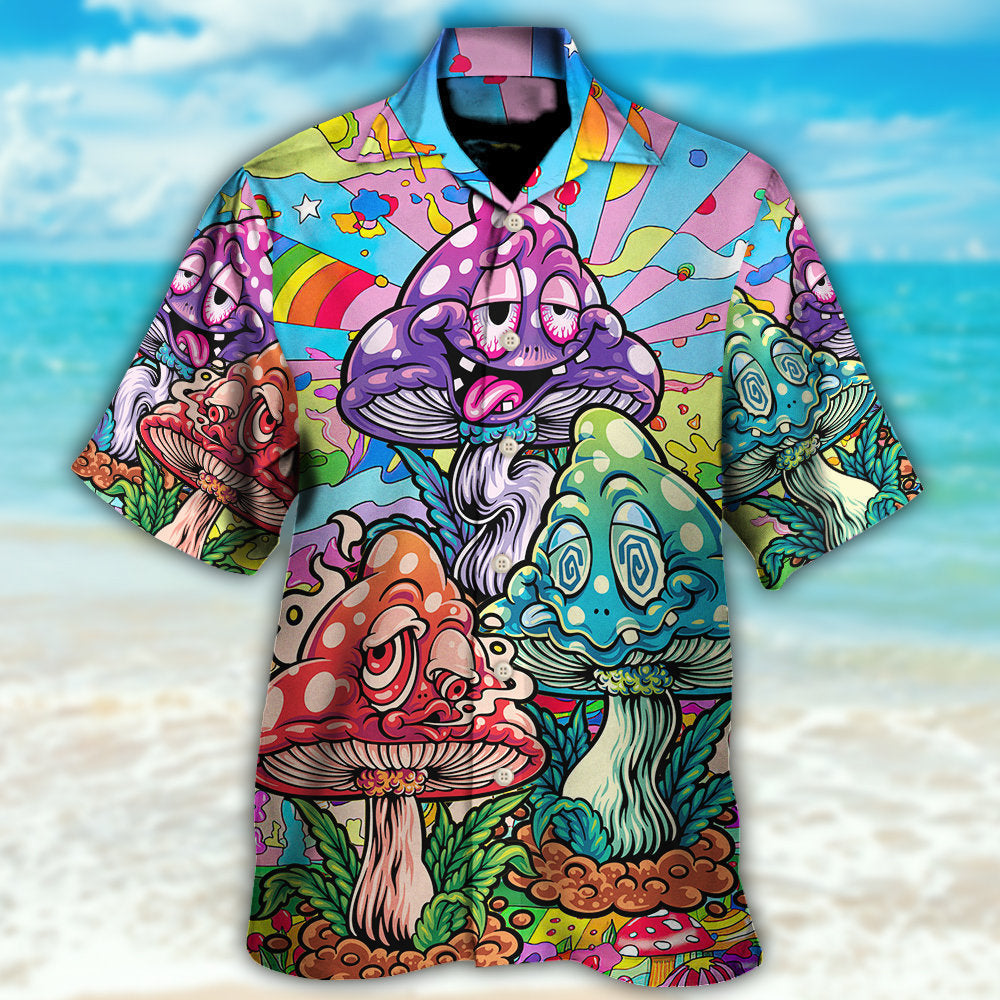 Bohemian Colorful Happy Mushroom Hawaiian Shirt For Beach Parties And Weekend Getaways