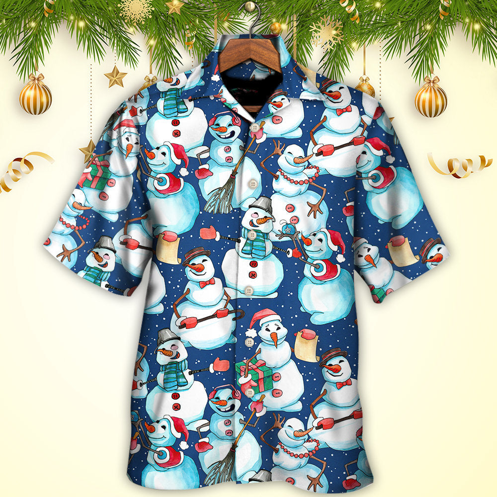 Happy Snowman Christmas Hawaiian Shirt Pattern Detail For Vacation Travel And Daily Wear