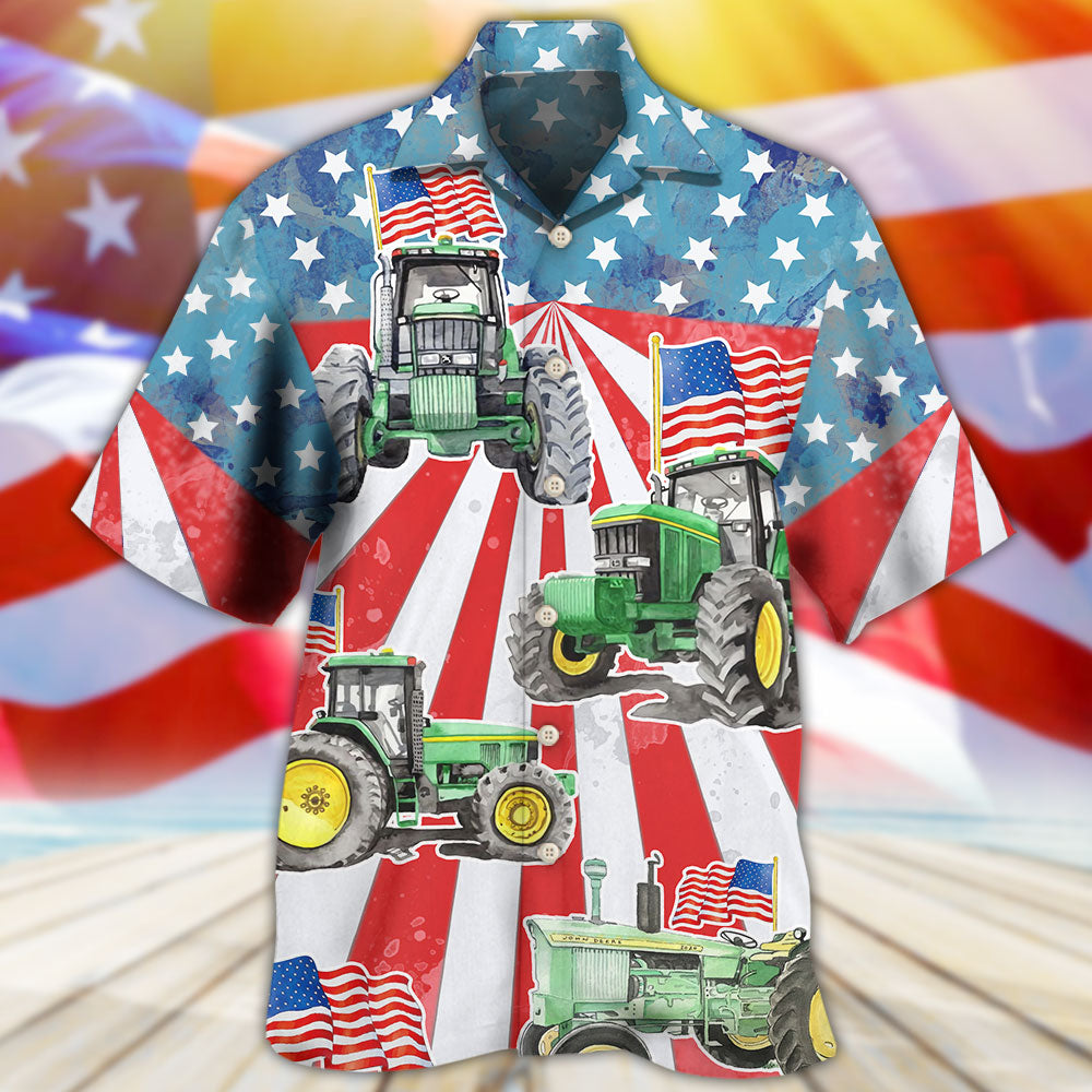 Watercolor Tractor Independence Day US Flag Hawaiian Shirt For Resort Getaways And Comfortable Summer Activities