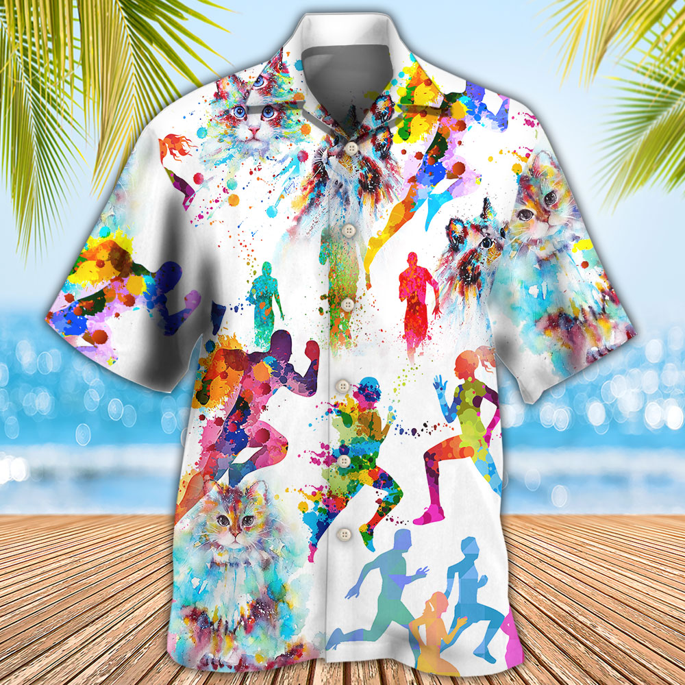 Cat Running Hawaiian Shirt Artwork Detail For Tropical Trips And Casual Outings