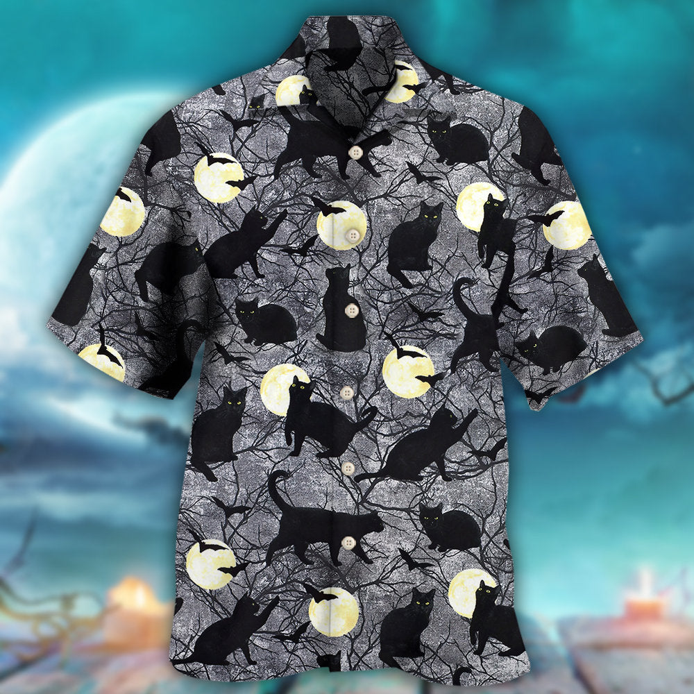 Black Cat Halloween Hawaiian Shirt For Beach Parties And Weekend Getaways