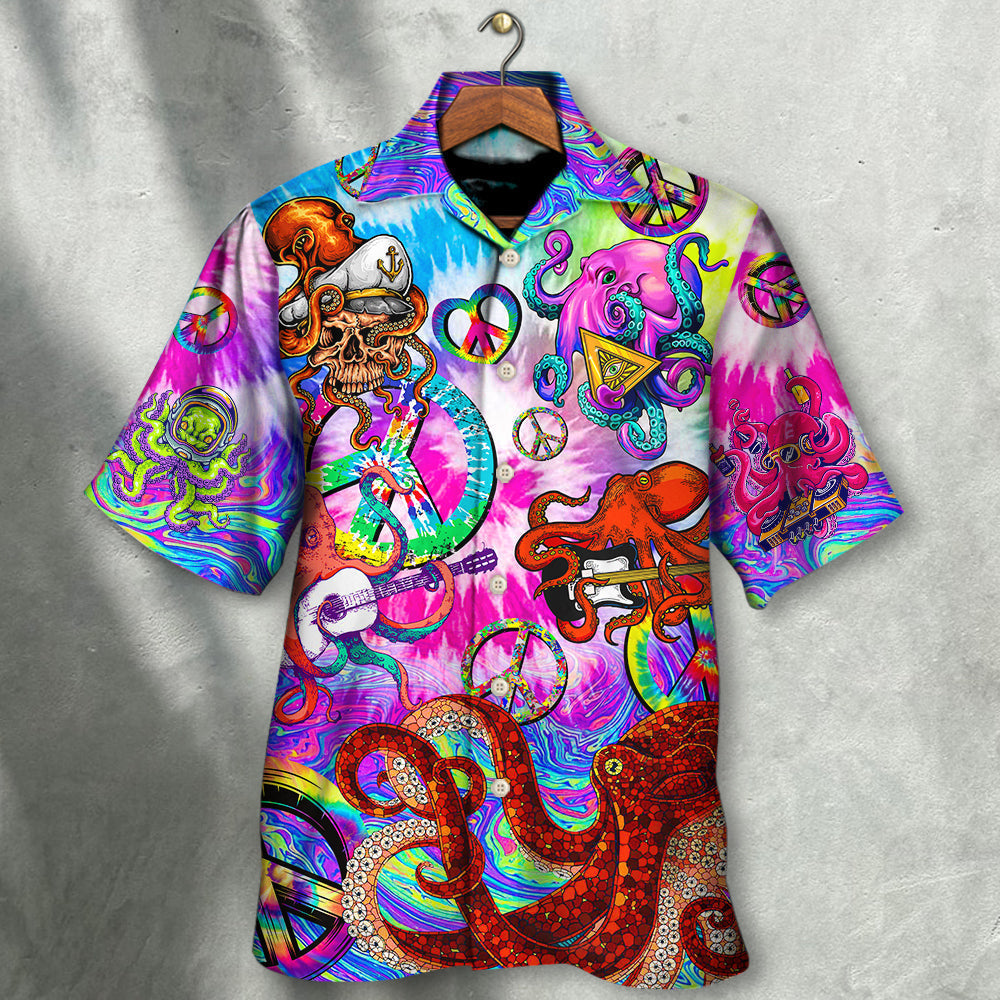 Bohemian Funny Colorful Happy Octopus Tie Dye Hawaiian Shirt For Beach Parties And Weekend Getaways