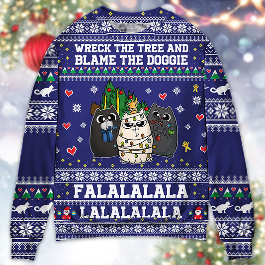 Cat Wrecks Tree Meowy Christmas Sweater For Holiday Parties Family Gatherings And Seasonal Gift Giving
