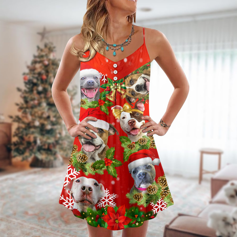 Christmas Dogs Pitbull Family Love V-Neck Sleeveless Cami Dress For Festive Events And Casual Summer Styling