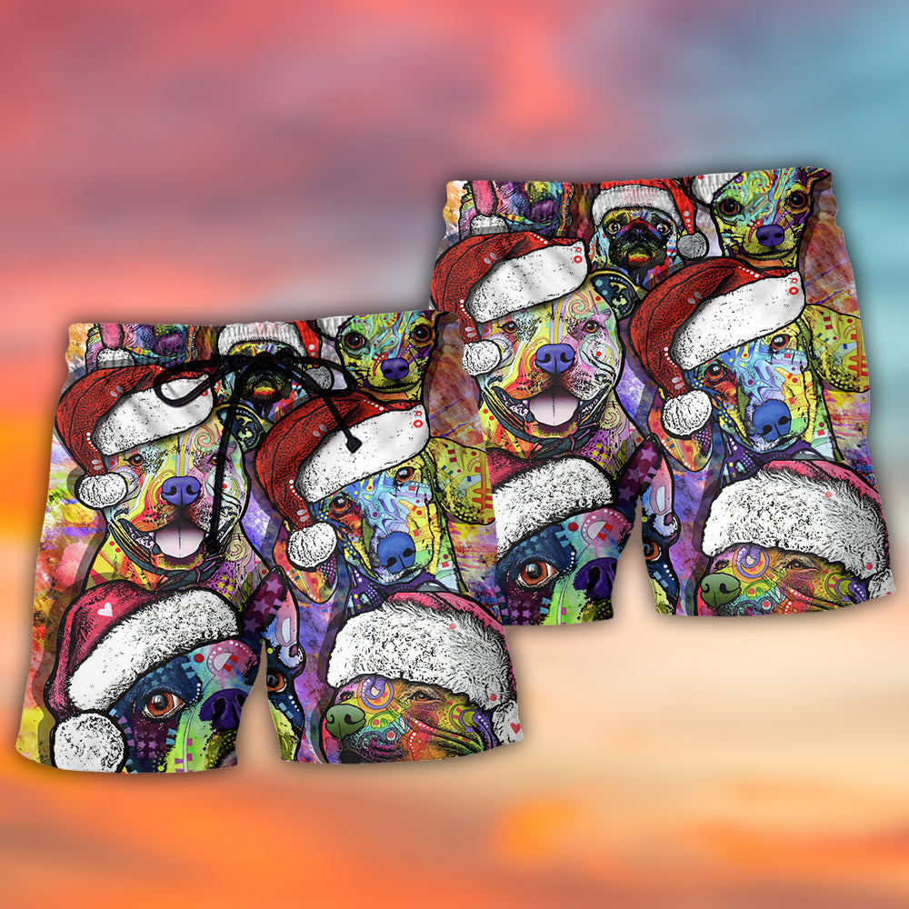 Christmas Dog Colorful Beach Shorts Pattern Detail For Poolside Fun And Weekend Casual Style
