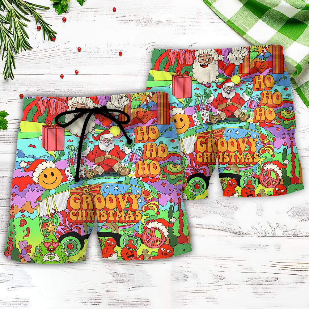 Christmas Hippie Peace Santa Bus Beach Shorts Pattern Detail For Vacation Style And Comfortable Daily Use