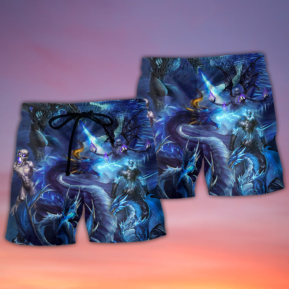 Blue Dragon Skull Fire Lightning Beach Shorts Design Detail For Casual Warm Weather Outfits
