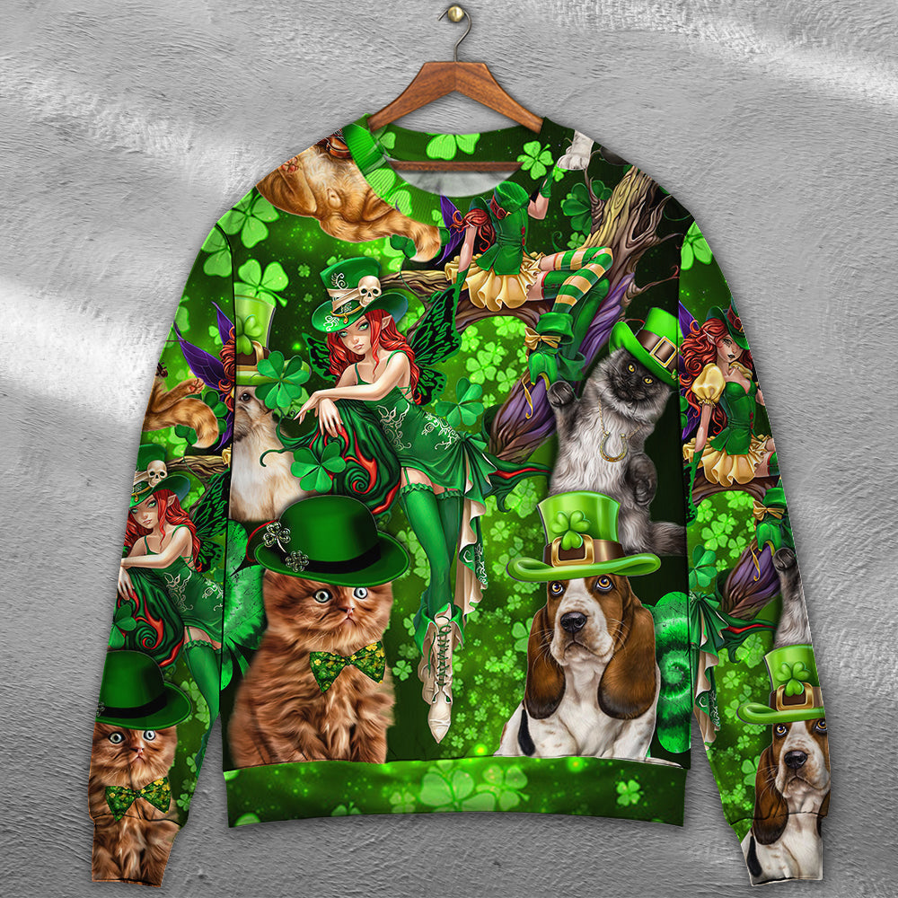 Irish Cat Girl St Patrick Green Light Sweater For Casual Styling Weekend Outings And Creative Gift Giving