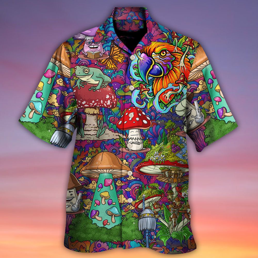 Bohemian Mushroom Peace Hawaiian Shirt Artwork Detail For Tropical Trips And Casual Outings