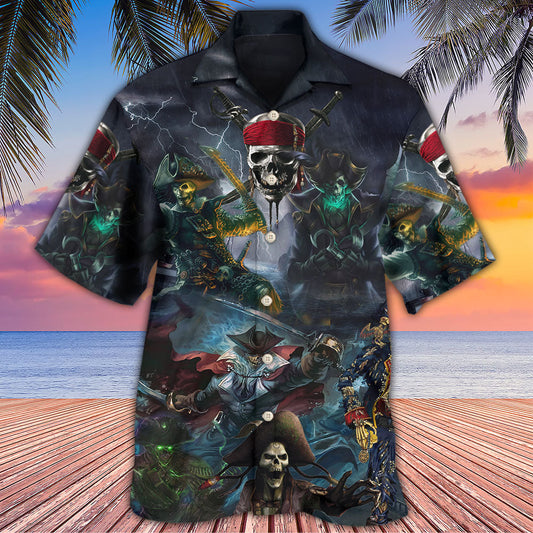 Nautical Pirate Skeleton Thunder Storm Hawaiian Shirt Pattern View For Lightweight Everyday Style