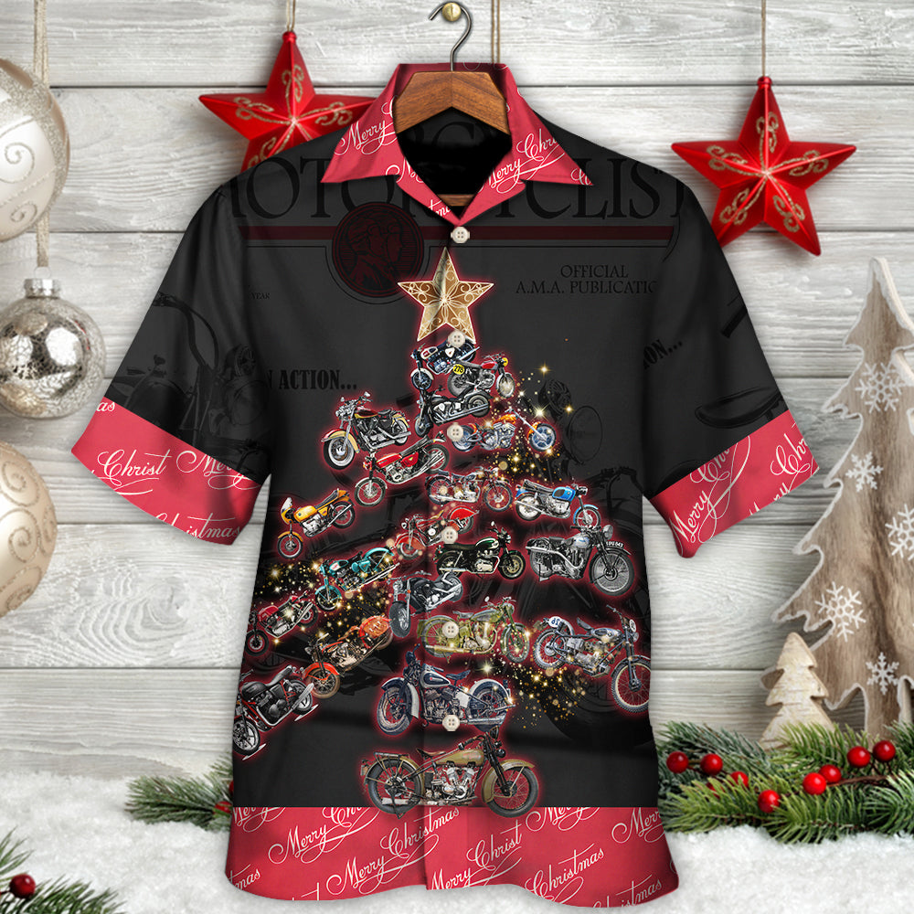 Retro Motorcycle Christmas Tree Hawaiian Shirt For Poolside Relaxation And Sunny Getaways