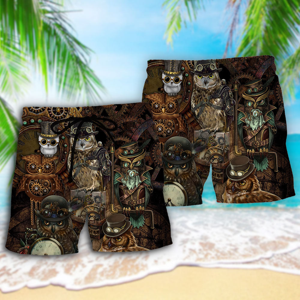 Steampunk Owl Retro Beach Shorts Pattern Detail For Holiday Travel And Flexible Everyday Wear