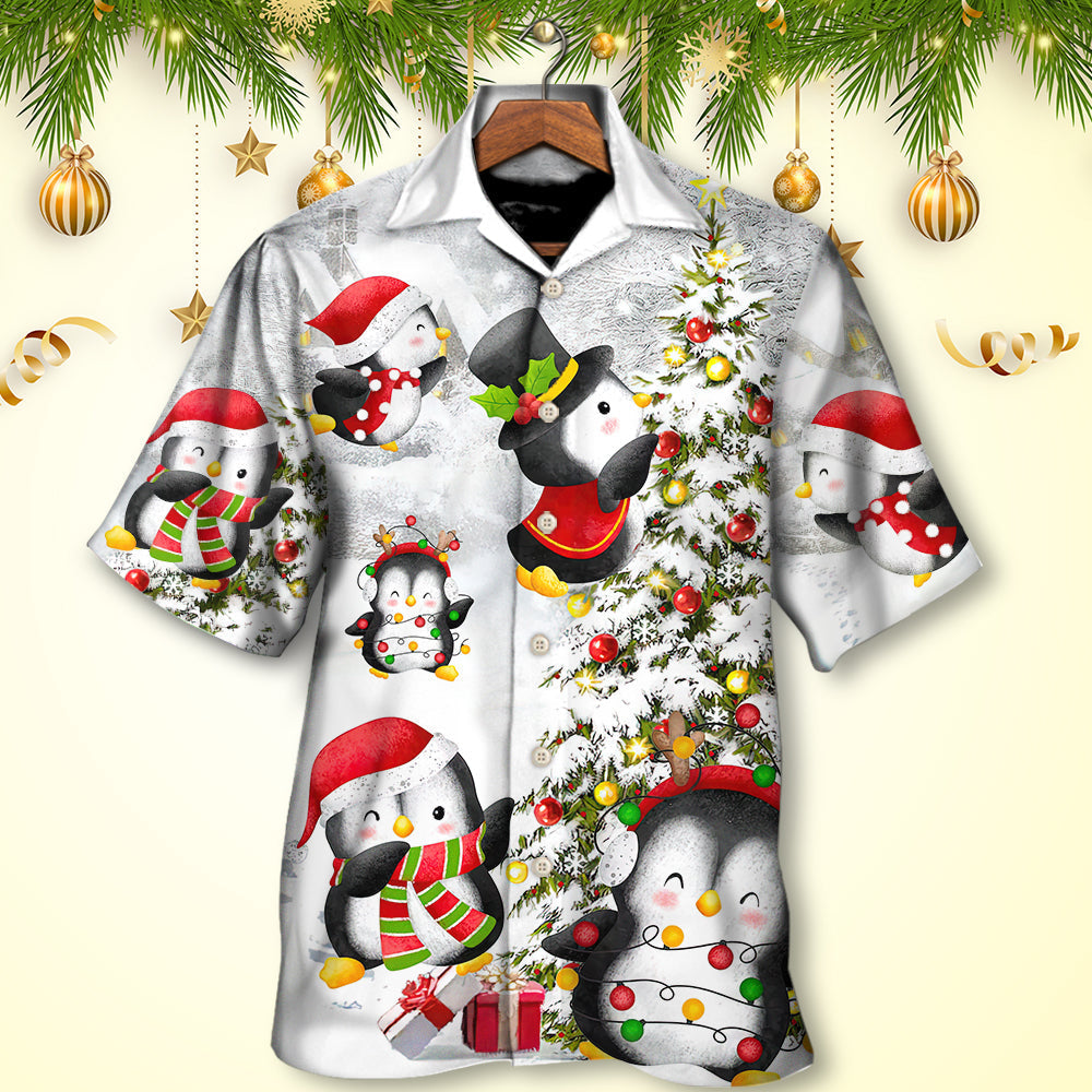 Christmas Penguin Family Hawaiian Shirt Collar And Front View For Island Holidays