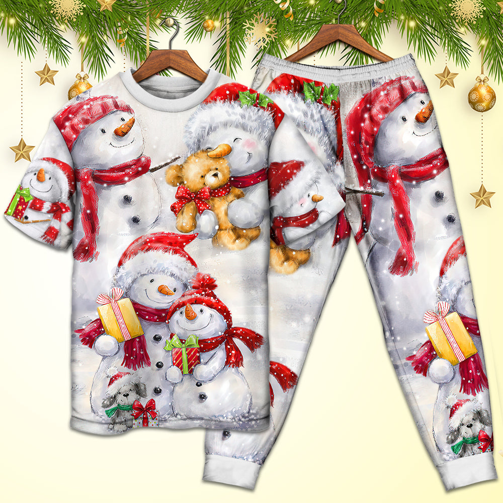 Happy Snowman Couple Christmas Short Sleeve Pajamas Set For Festive Sleepovers And Family Photos