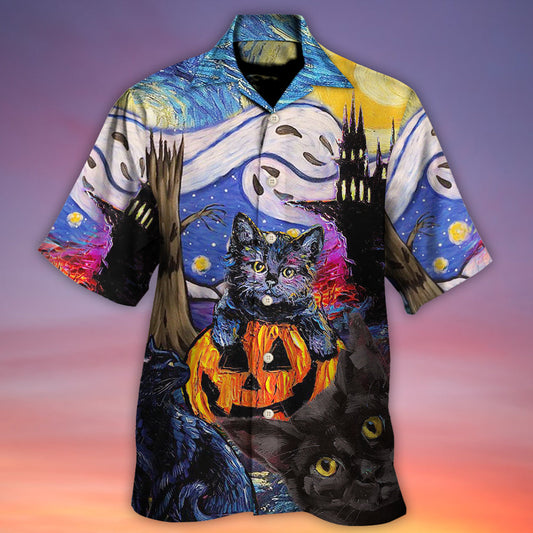Black Cat Halloween Starry Night Hawaiian Shirt Artwork View For Weekend Travel And Beach Style