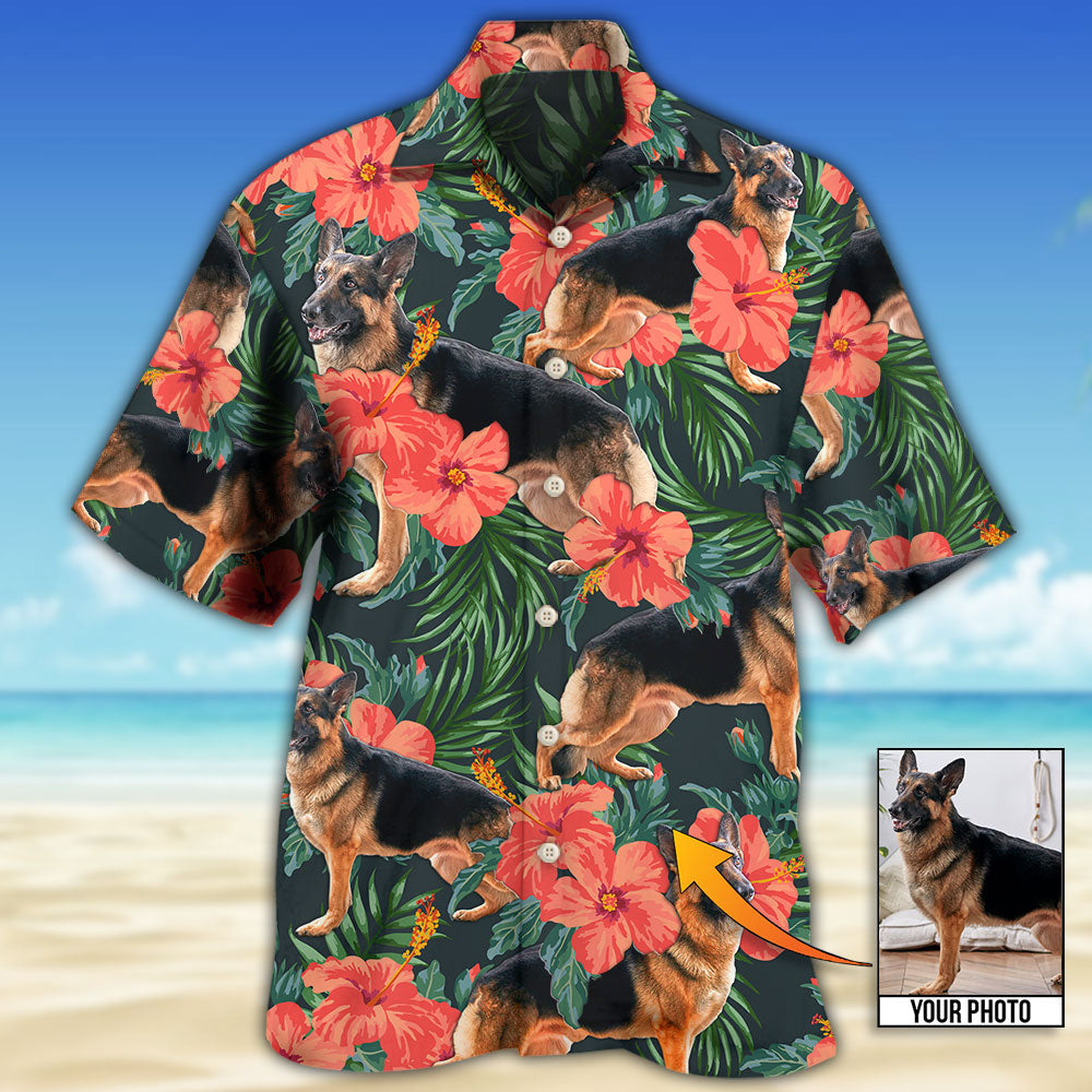 Tropical German Shepherd Custom Photo Hawaiian Shirt Design Detail For Beach Days And Holiday Travel