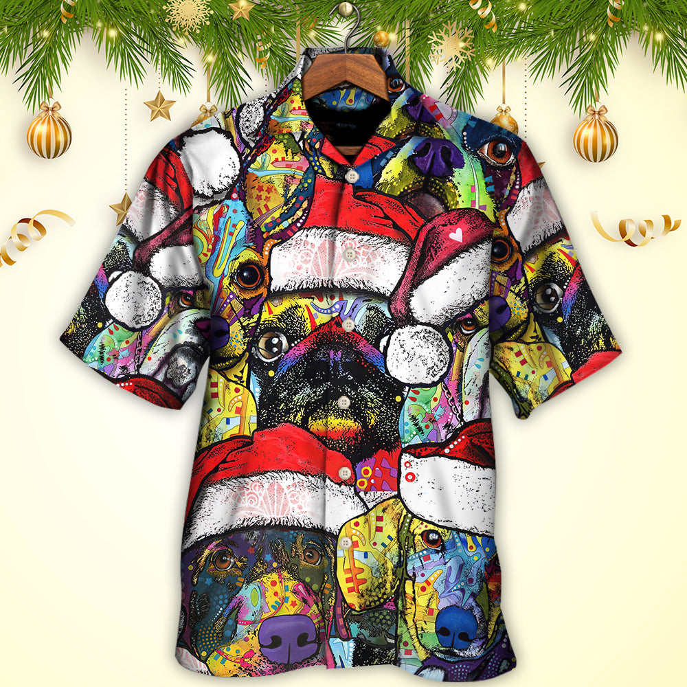 Colorful Christmas Dog Hawaiian Shirt Collar And Front View For Casual Outings