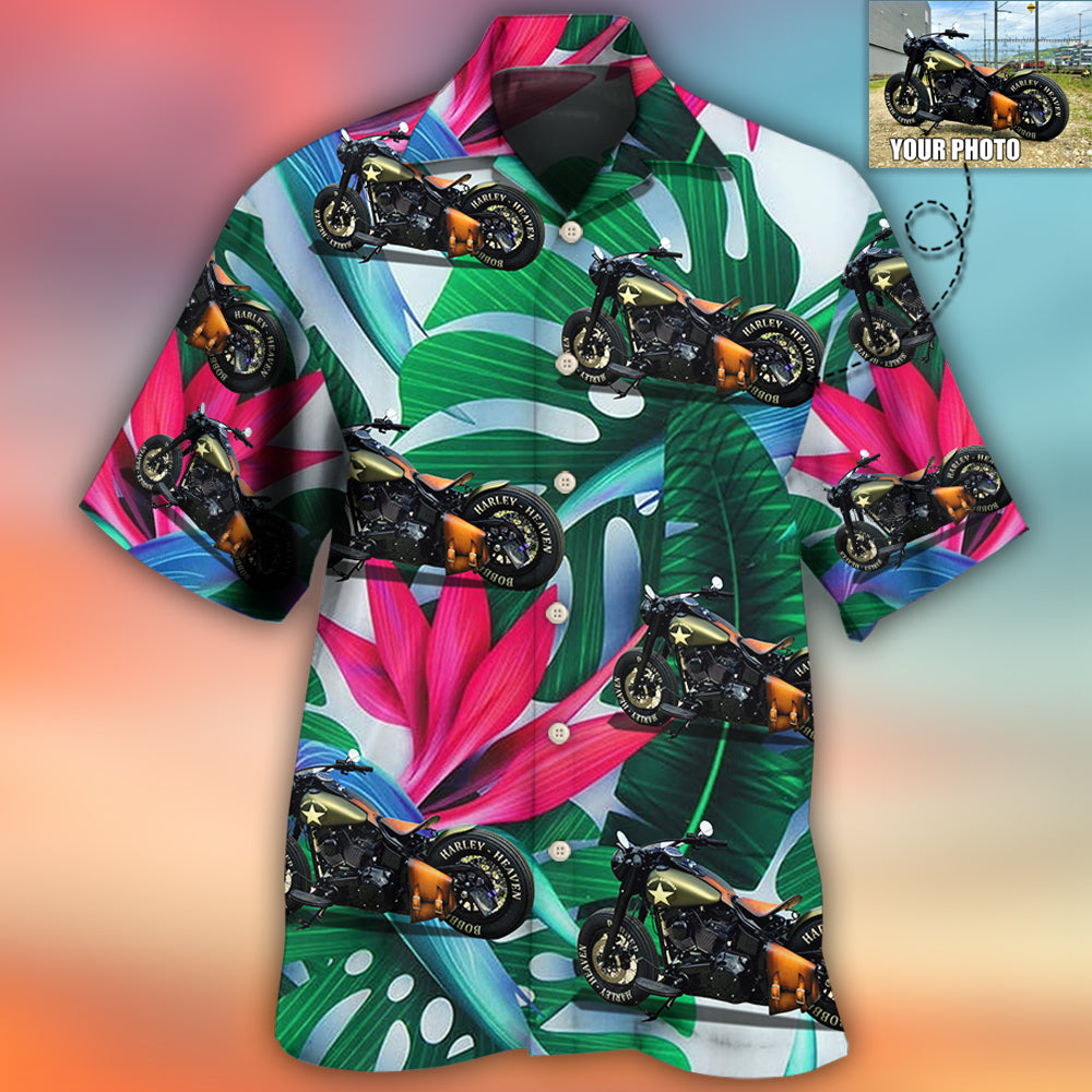Motorcycle Personalized Photo Hawaiian Shirt Fabric Pattern Detail For Outdoor Gatherings