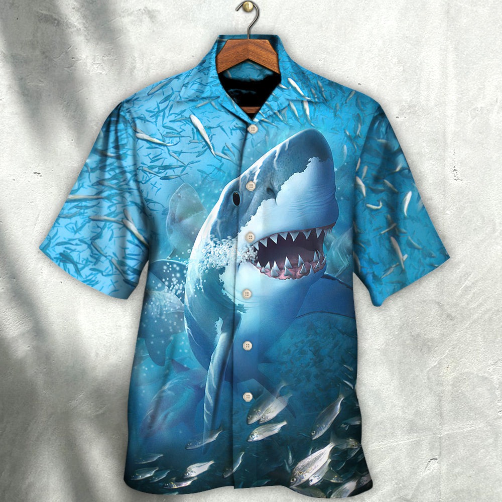 Shark Swims Baitfish Shoal Hawaiian Shirt For Vacation Days And Relaxed Coastal Outings