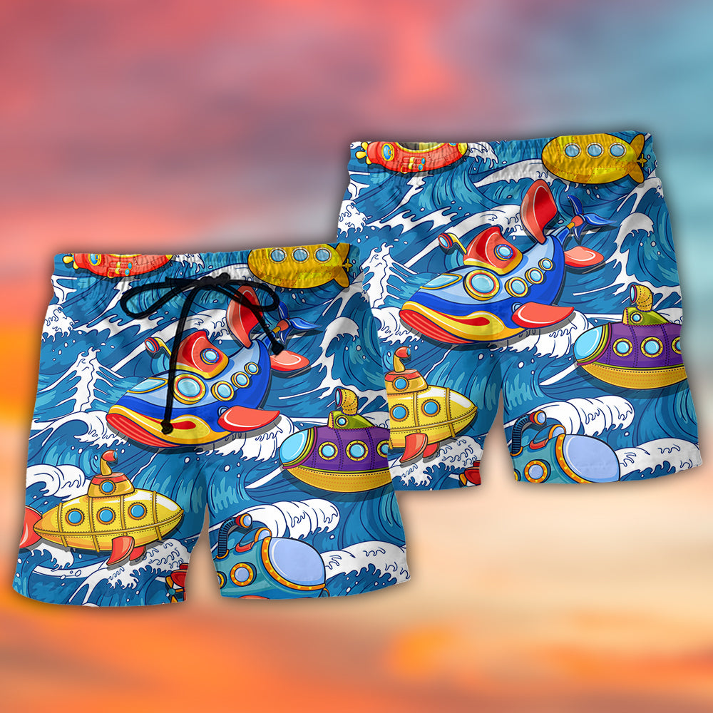 Submarine Diving Wave Beach Shorts Pattern Detail For Weekend Travel And Warm Weather Wardrobe