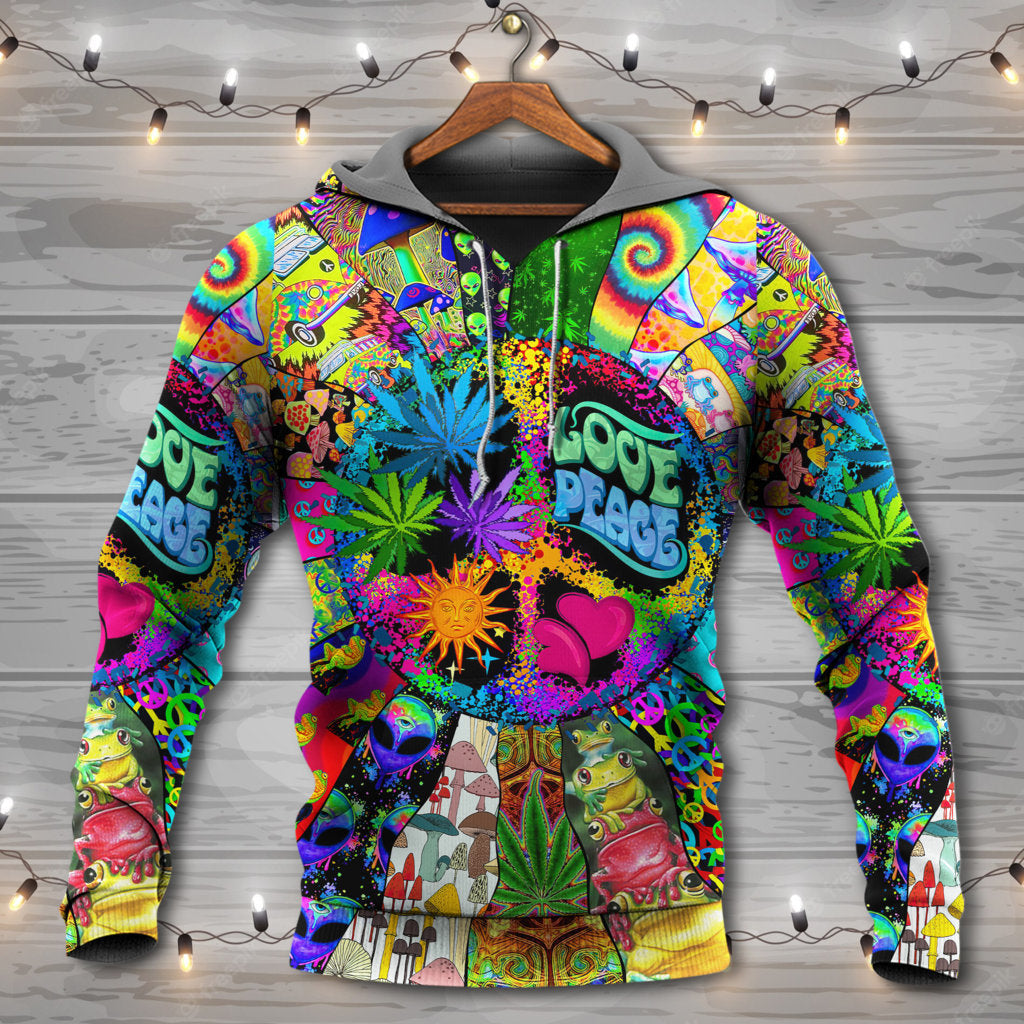Hippie Alien Frog Peace Love Hoodie For Relaxed Streetwear Outdoor Gatherings And Travel