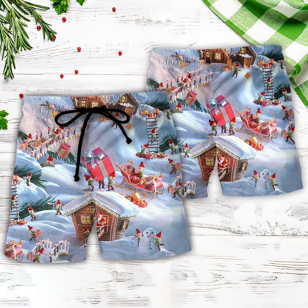 Christmas Santa Gnome Beach Shorts Pattern Detail For Tropical Escapes And Easy Warm Weather Wear