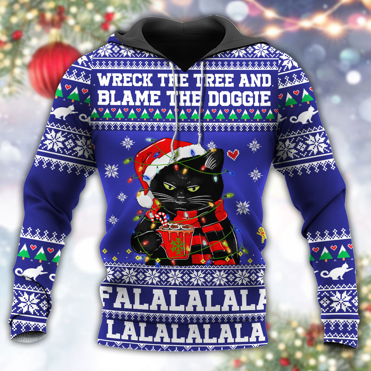 Black Funny Cat Wreck Tree Holiday Hoodie For Festive Family Moments Winter Wear And Holiday Gift Ideas