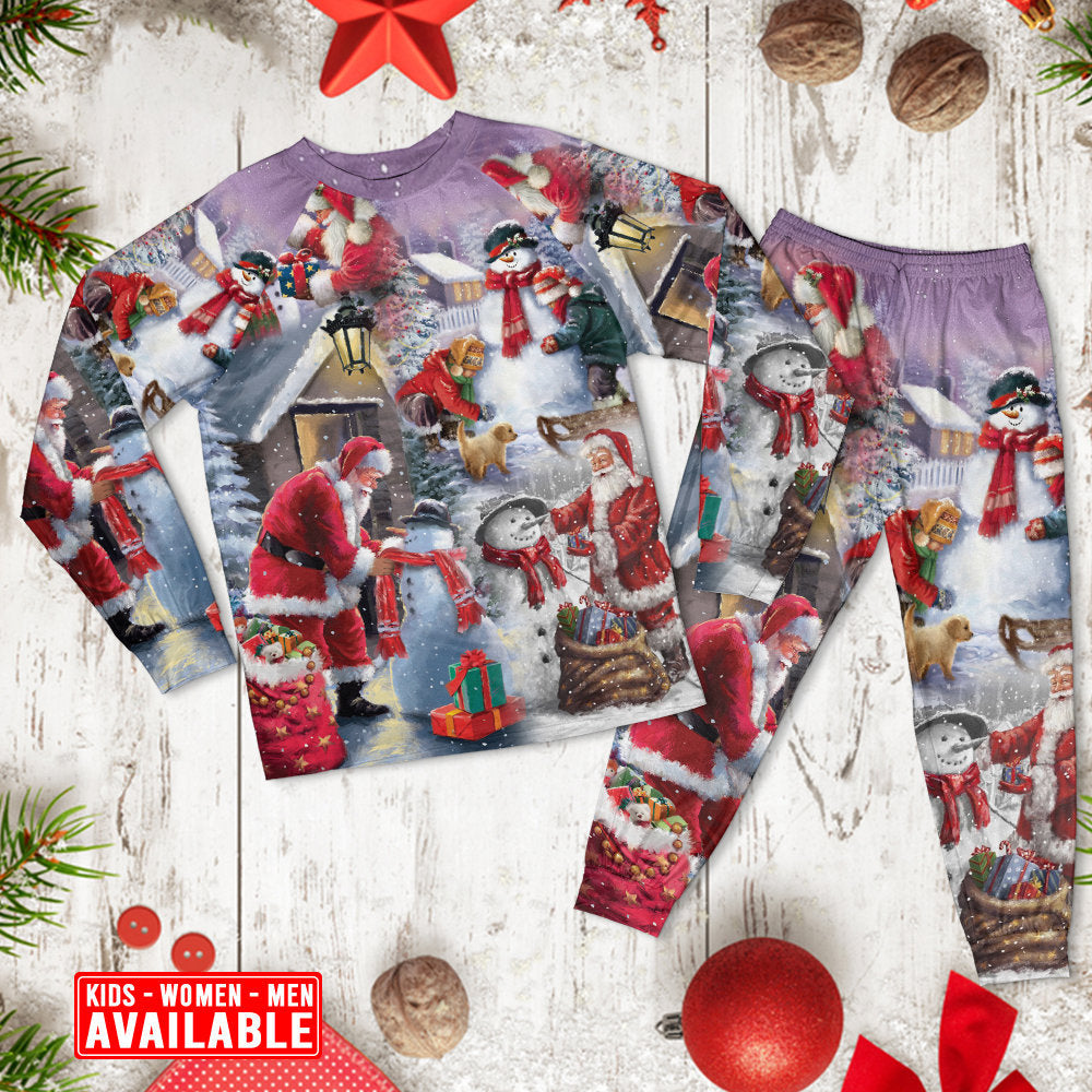 Santa Building A Snowman Gift Long Sleeve Pajamas Set For Holiday Travel And Comfortable Home Wear