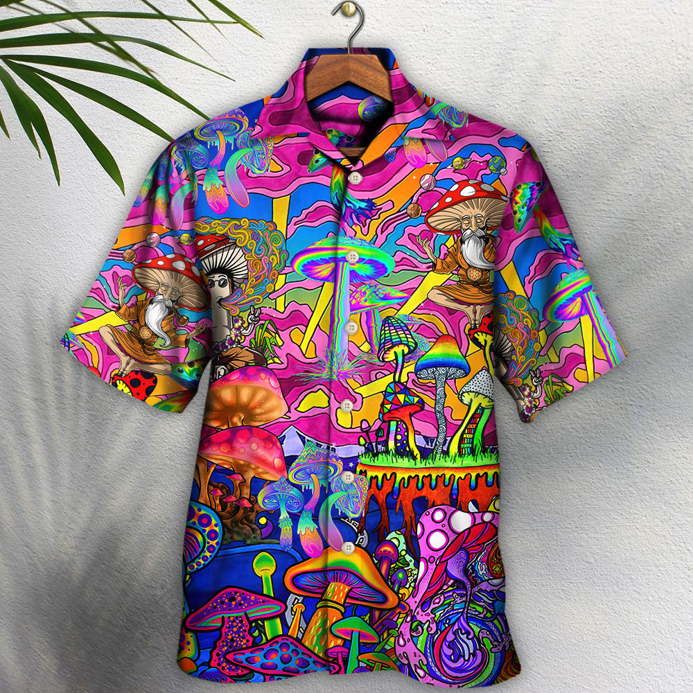 Hippie Magic Trippy Mushroom Hawaiian Shirt Front Pattern View For Coastal Travel