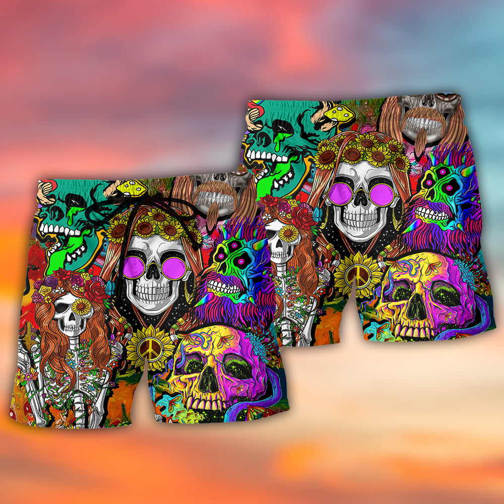 Hippie Skull Colorful Retro Beach Shorts Graphic Detail For Resort Trips And Casual Outings
