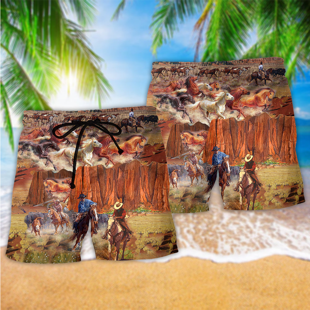 Cowboy Mountain Beach Shorts Pattern View For Weekend Trips And Outdoor Activities