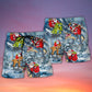 Santa Riding Dinosaur With Christmas Tree Lights Beach Shorts Artwork Detail For Tropical Travel And Everyday Wear