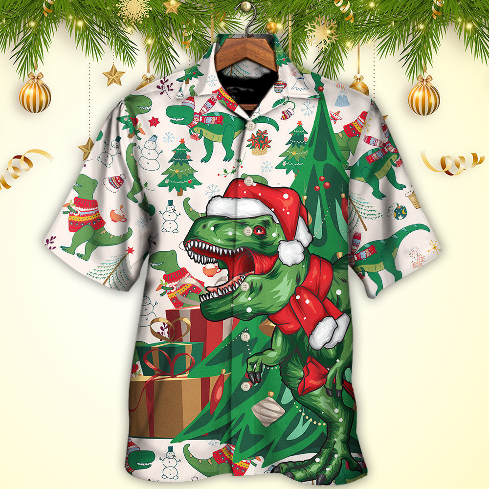 Dinosaur Rexmas Christmas Tree Fun Hawaiian Shirt Pattern View For Lightweight Everyday Style