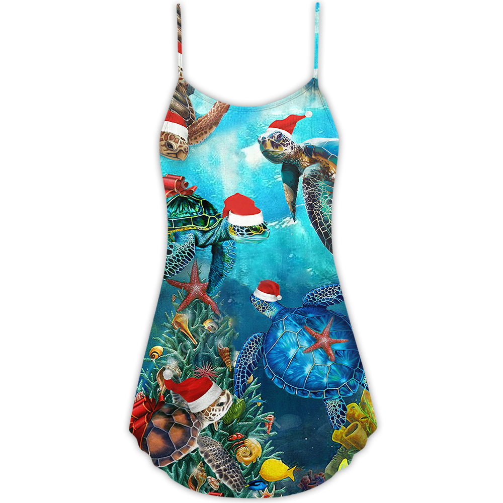 Christmas Turtle Love Ocean Theme V-Neck Sleeveless Cami Dress For Festive Events And Casual Summer Styling