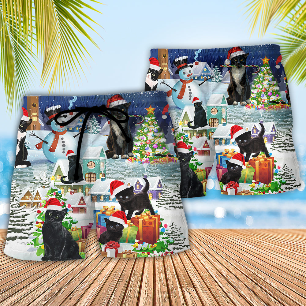 Christmas Black Cat Beach Shorts Pattern Detail For Island Trips And Versatile Outdoor Wear