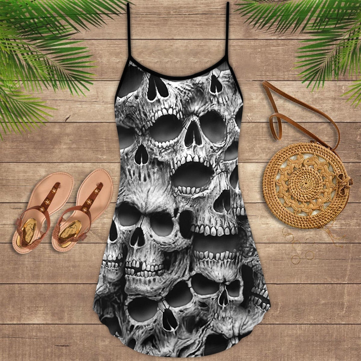 Skull No Fear No Pain V-Neck Sleeveless Cami Dress For Weekend Parties And Distinctive Outfits