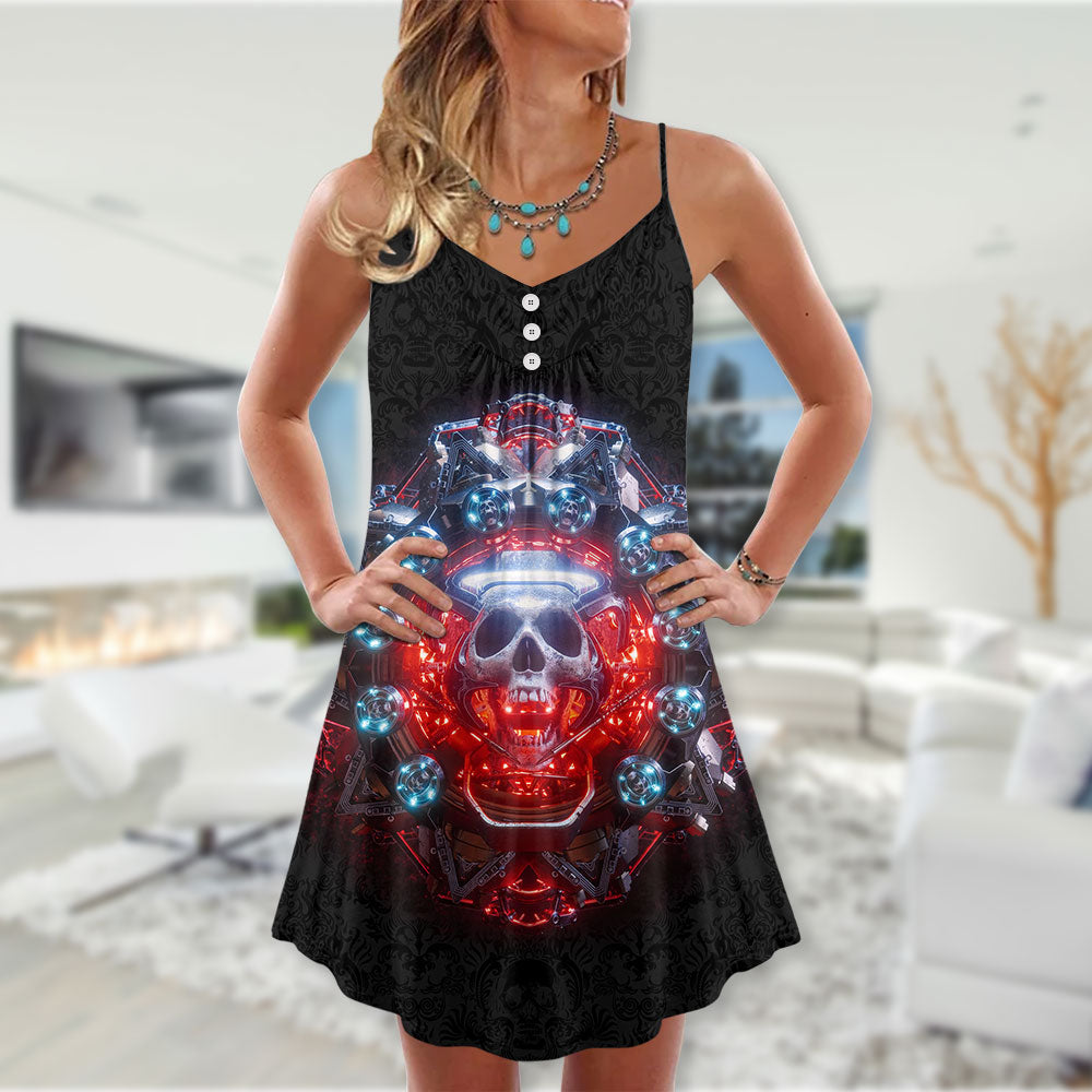 Skull Electric Dream Bold V-Neck Sleeveless Cami Dress For Festivals And Distinctive Alternative Styling