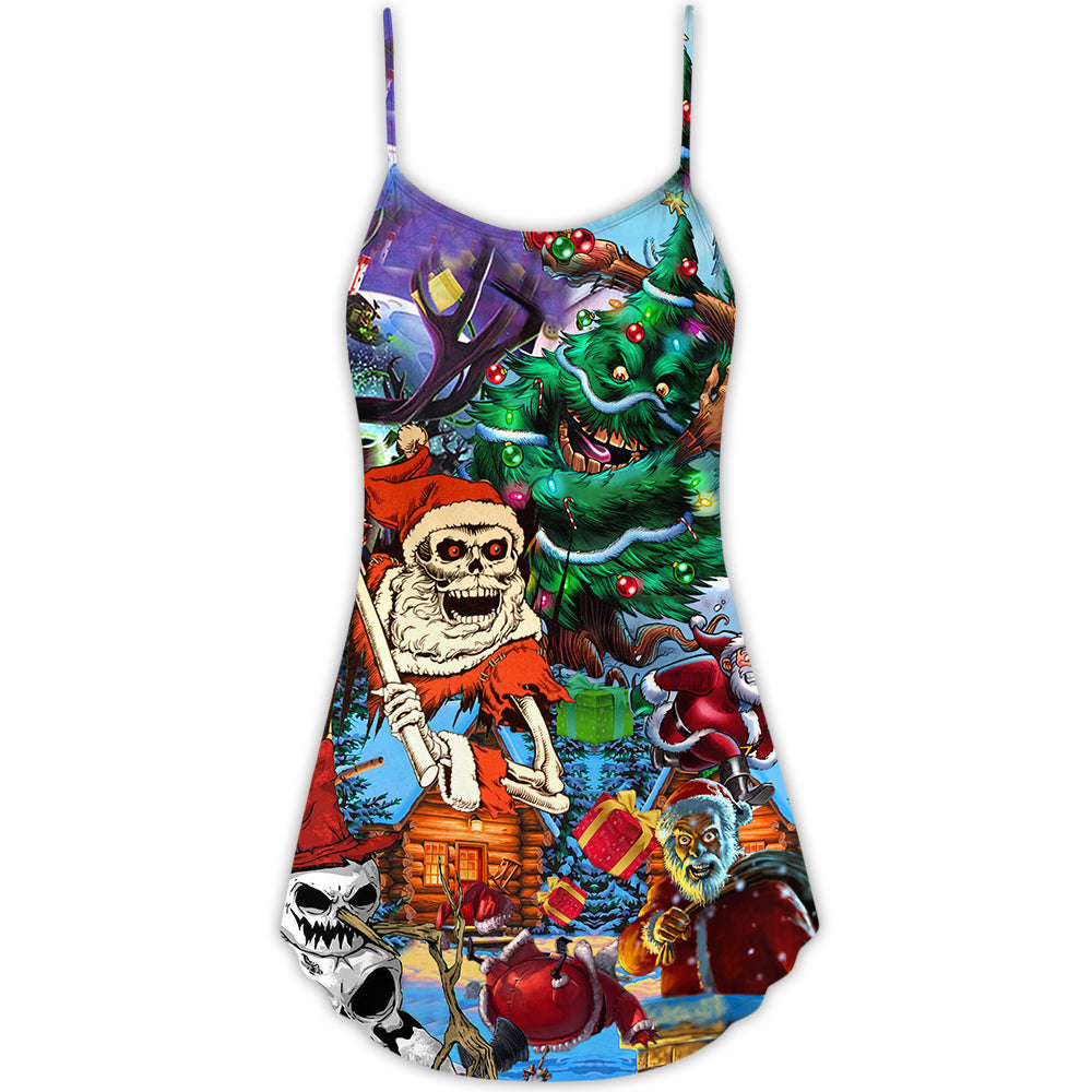 Christmas Skull Scary Holiday V-Neck Sleeveless Cami Dress For Summer Events And Comfortable Everyday Style