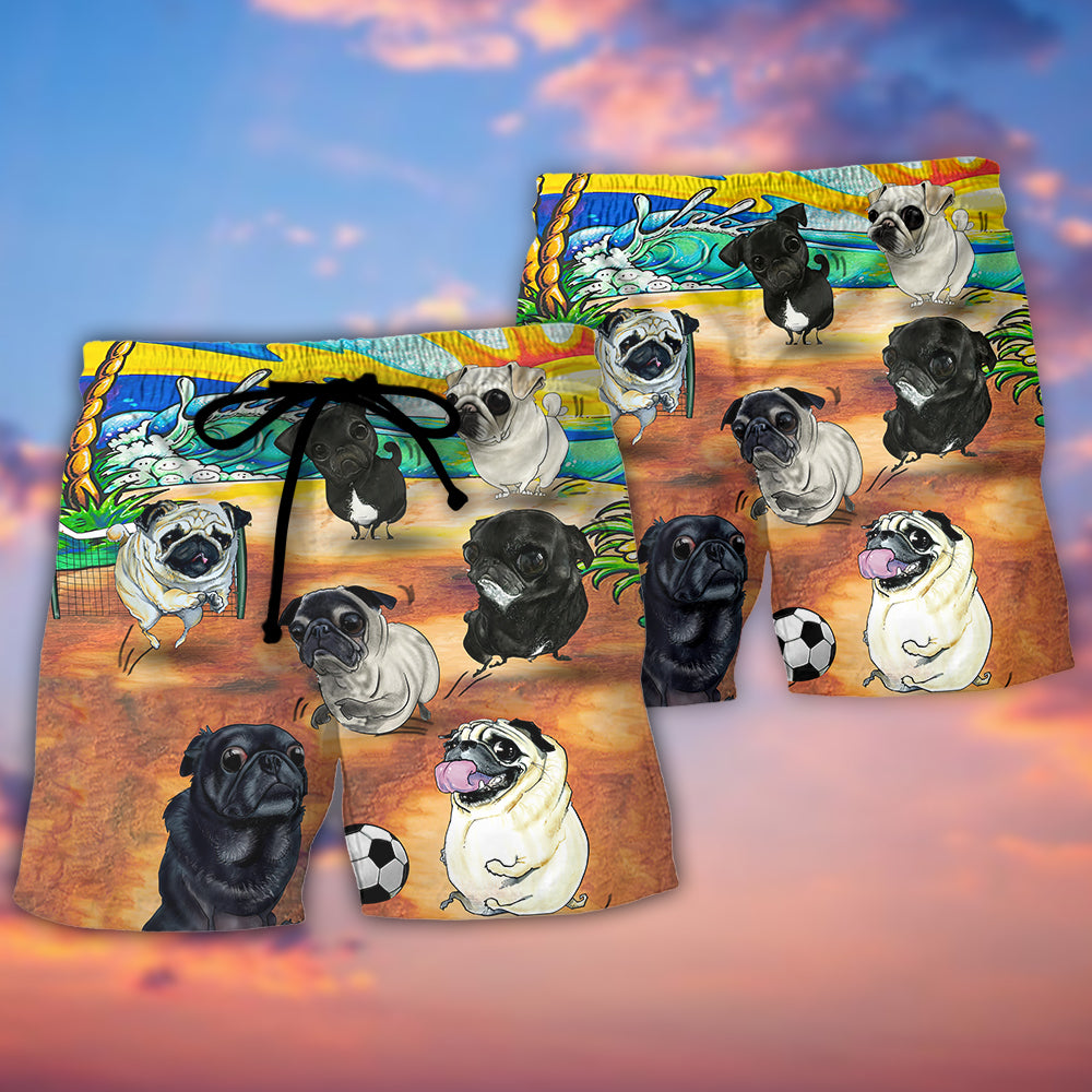 Soccer Sport Pug Dog Beach Shorts Pattern View For Relaxed Vacation Styling
