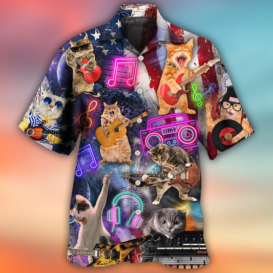 Patriotic Cat Rocker Celebration Hawaiian Shirt For Tropical Holidays, Outdoor Gatherings, And Everyday Comfort