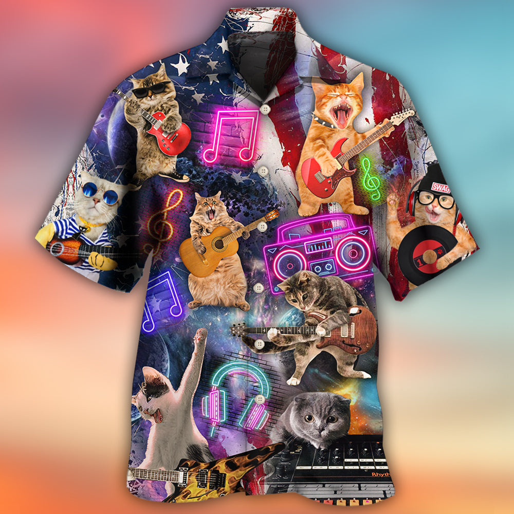 Happy Cat Independence Day Rocker Hawaiian Shirt Design Detail For Sunny Adventures And Casual Wear