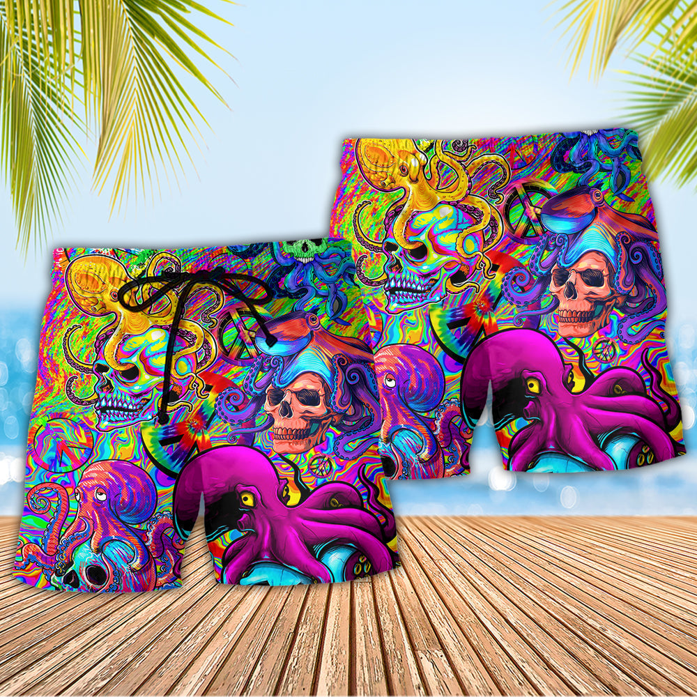 Colorful Hippie Skull Octopus Tie Dye Beach Shorts For Beach Trips And Relaxed Vacation Styling