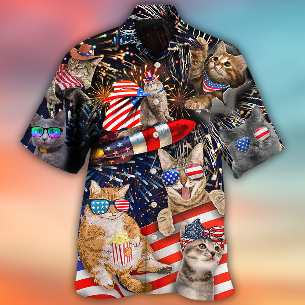 Patriotic Cat Fireworks Celebration Hawaiian Shirt For Holiday Gatherings, Coastal Trips, And Proud Seasonal Style
